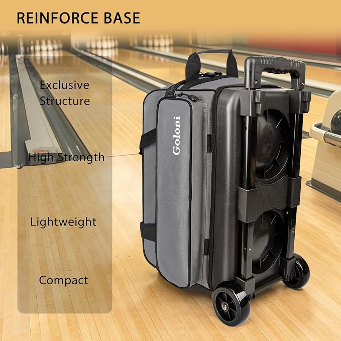 Goloni Double Roller 2 Ball Bowling Bag with Separate Shoe Compartment,2 Ball Bowling Bag with Wheels,Retractable Handle Extends to 40"