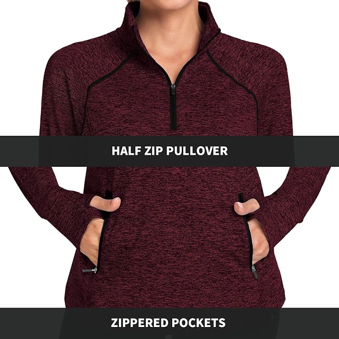 Soneven Women's Thermal Fleece Running Shirts Warm Winter Pullover Cold Weather Workout Hiking Tops with Thumb Holes Pockets