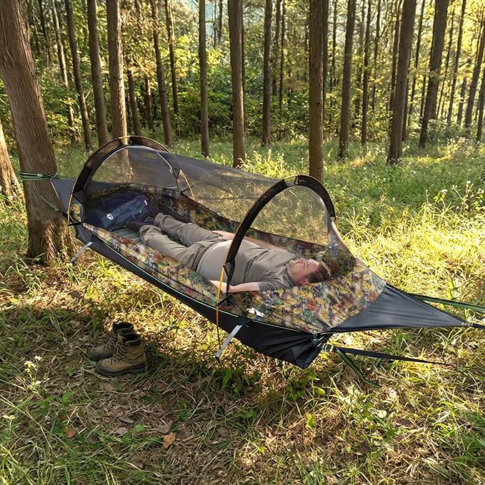 Night Cat Upgraded Flat Lay Hammock Tent Combo with Sleeping Pad Non Rolling for 1 Person Adults 330LBS 87x28x19in