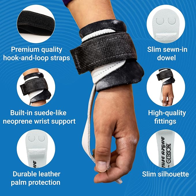 Gibson Athletic Just Right Neo Gymnastic Grips for Women, Leather Grip with Neoprene Wrist Guard, Hook & Loop Closure, Grips for Early Competitor, Gymnastics Grips for Girls - Made in USA