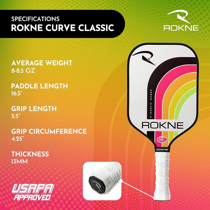 ROKNE Curve Classic Pickleball Paddle | USAPA Approved Fiberglass Pickleball Paddles | Precision Engineering & Comfort | ProGrit Texture for Max Spin & Power | Paddle