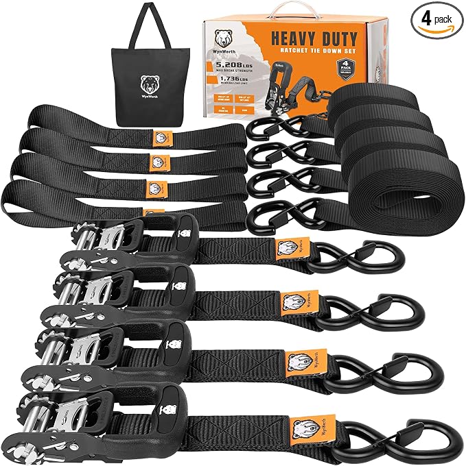 4 Pack Ratchet Straps,Heavy Duty Powersports Tie Downs Load Straps,5208lbs Break Strength 1.5in x 15ft with Safety S Hooks and Soft Loops for Motorcycle Truck Cargo Roof Rack,Break Strength, Black