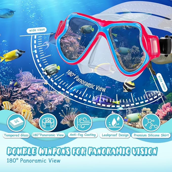 Snorkeling Gear for Kids, 4 in 1 Child Mask Fins Snorkel Set with Panoramic View Anti Fog Mask, Dry Top Snorkel, Trek Fins and Travel Bag, Kids Snorkeling Set with Fins for Snorkeling Swimming