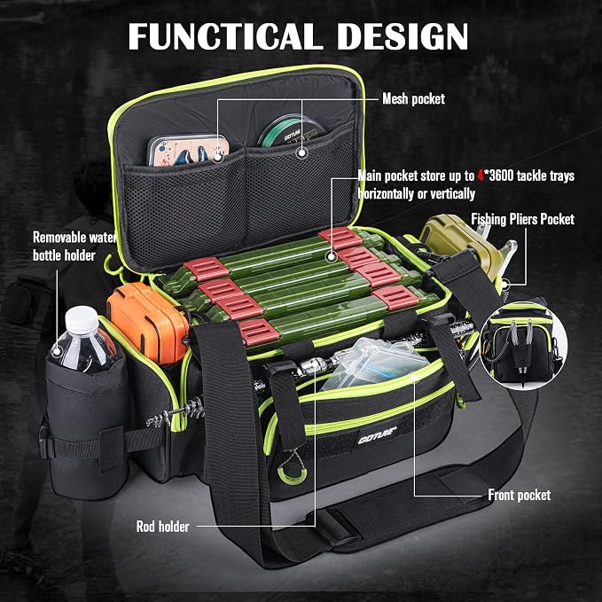 Goture Fishing Tackle Bag with 4 Tackle Boxes, Soft Side 600D Water-Resistant Cross Body Sling Fishing Bag with Rod Holder, Small Saltwater Gear Storage Tactical Bags, Gifts for Men/Women