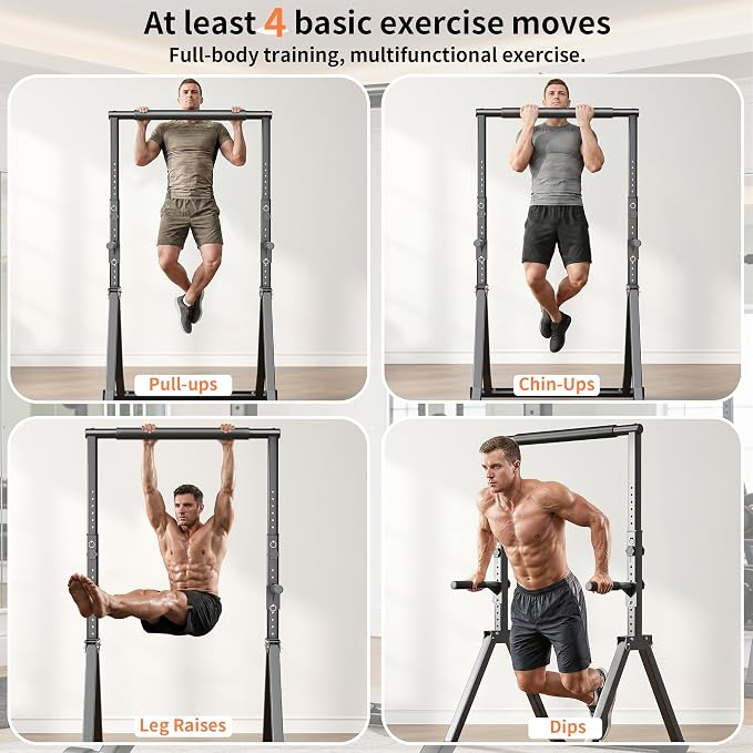 Foldable Power Tower Dip Station for Pull Ups, 66.1"-84.6" 12 Level 700 LBS, Adjustable Dip Handles & Assistance Bands Foldable Home Gym Equipment