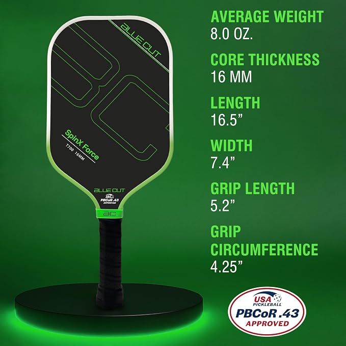 Blue Cut Pickleball Paddle – USAPA Approved Pickleball Paddles Racket with T700 Carbon Fiber, 16mm Honeycomb Core, Spin Surface, Pro Power Speed & Control – Includes Carry Bag