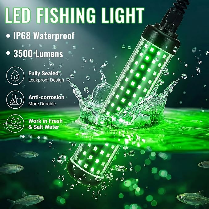 Tuanse Underwater Fishing Light with Timer & Remote 36W Green Super Bright LED IP68 Waterproof 30ft Cable for Night Fishing on Docks Boats & Kayaks (110V/12V/Car)