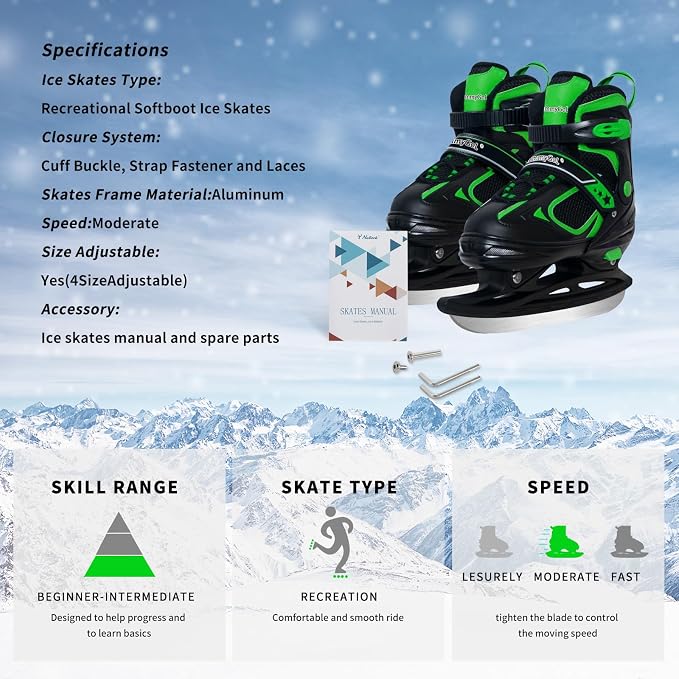 MammyGol Adjustable Ice Skates for Kids Youth Tean Hockey Lace-Up Boys or Girls Ice Skate for Beginner Age 4-12 Blue Black Teal Green