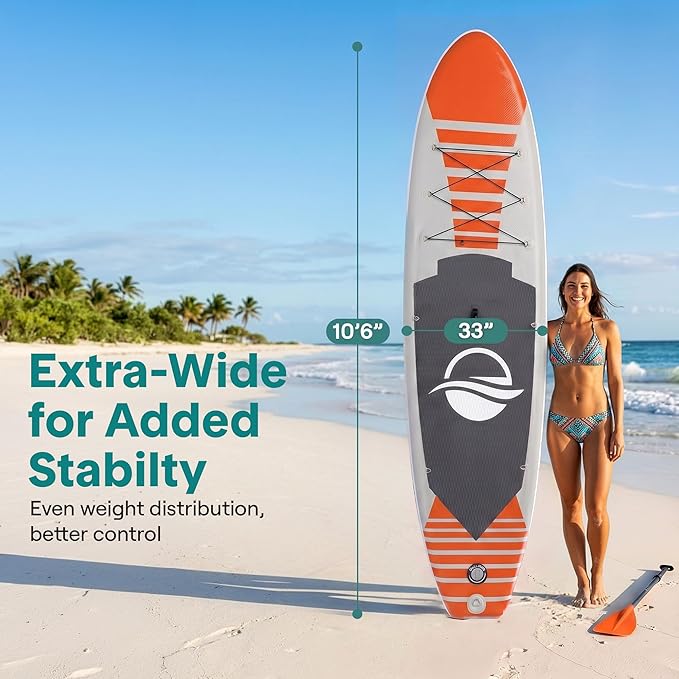SereneLife 10’6" Inflatable Stand Up Paddle Board with Premium SUP Accessories - Wide Stable Design with Non-Slip EVA Deck Pad, for Youth and Adults, 350 lbs. Capacity