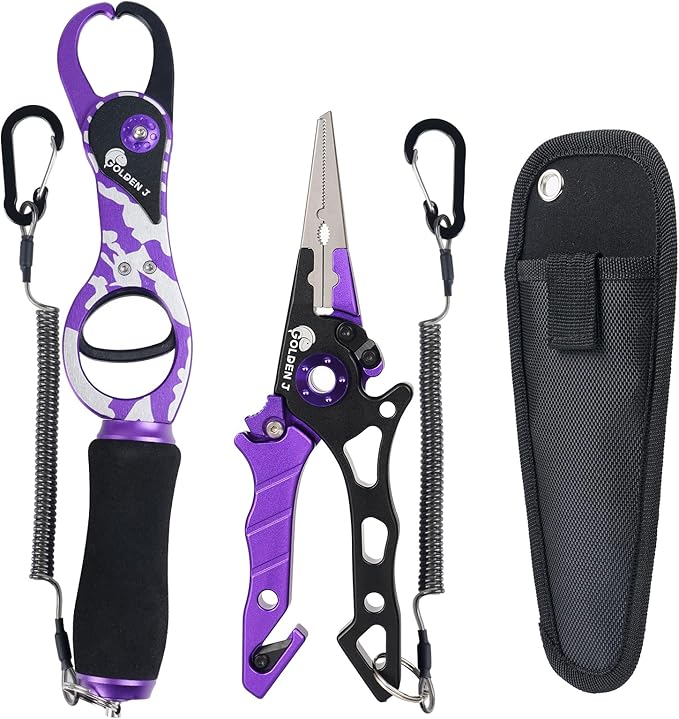 Golden J Fish Lip Gripper & Multi-Function Fishing Pliers Set - High-Strength Aluminum & Stainless Steel, Hook Remover, Split Ring Pliers, Line Cutter, Ideal for Ice, Surf, Lure Fishing