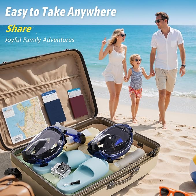 Greatever G2 Adults Kids Full Face Snorkel Mask 2 Pcs,Snorkeling Gear with Latest Dry Top System,Foldable 180 Degree Panoramic View,Safe Breathing,Anti-Leak&Anti-Fog Snorkeling Mask with Camera Mount