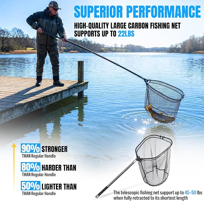 PLUSINNO Large Fishing Net, 3.4-7.7 FT Carbon Fiber Fish Net with Long Telescoping Handle, Kayak Fishing Gear Accessories Foldable Landing Net for Bass, Trout, Catfish, Fishing Gifts for Men Father