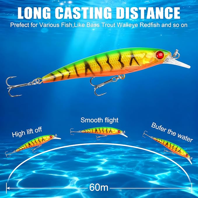 Fishing Lures Kit Crankbait Minnow Hard Bait Set Deep Diving Jerkbait Swimbait Popper Pencil Walleye Lures Artificial Fishing Bait for Bass Trout Redfish Saltwater Freshwater Fishing Lure