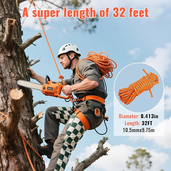 10.5mm Static Climbing Rope - 32FT Rock Climbing Rope for Adults & Kids, Outdoor Heavy Duty Rappelling Ropes for Fire Rescue, Escape, Ice Climbing, Parachute, Caving - Orange