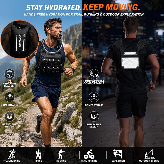 BECOJADDE Running Vest for Men with 2L Water Bladder Tactical Hydration Backpack Adjustable Lightweight Chest Pack for Marathon Hunting Cycling