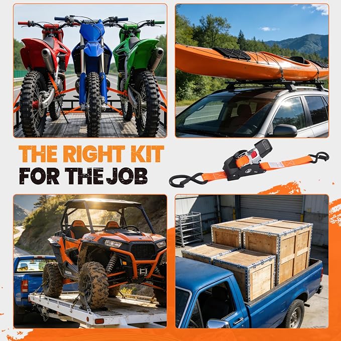 1" x 10' Self Retracting Ratchet Straps (2-Pack) - Orange Heavy Duty Tie Downs with Auto-Retract, 1540lb Break Strength for Truck, Motorcycle, ATV, UTV, Cargo Trailer