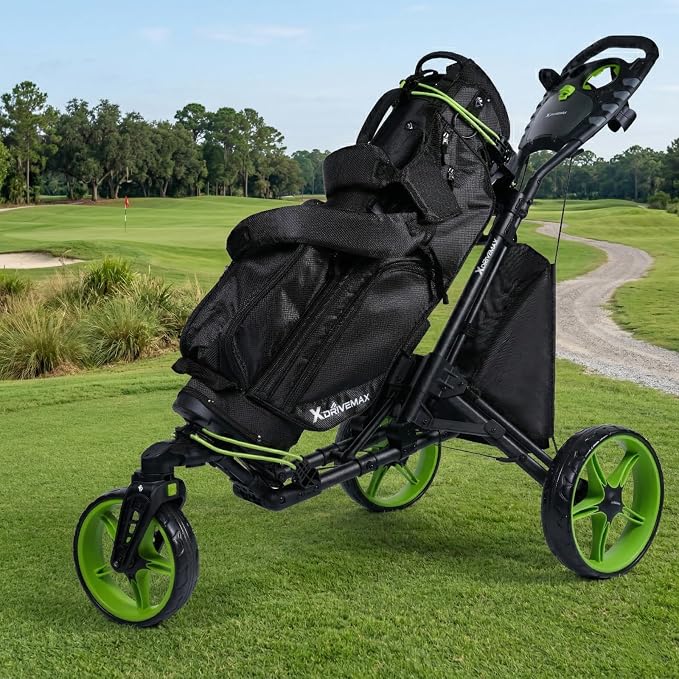 XDriveMax GC03 360 Rotating 3 Wheel Foldable Golf Pull Cart for Golf Clubs,Carries Umbrella Stand and Premium Storage - Green Pack
