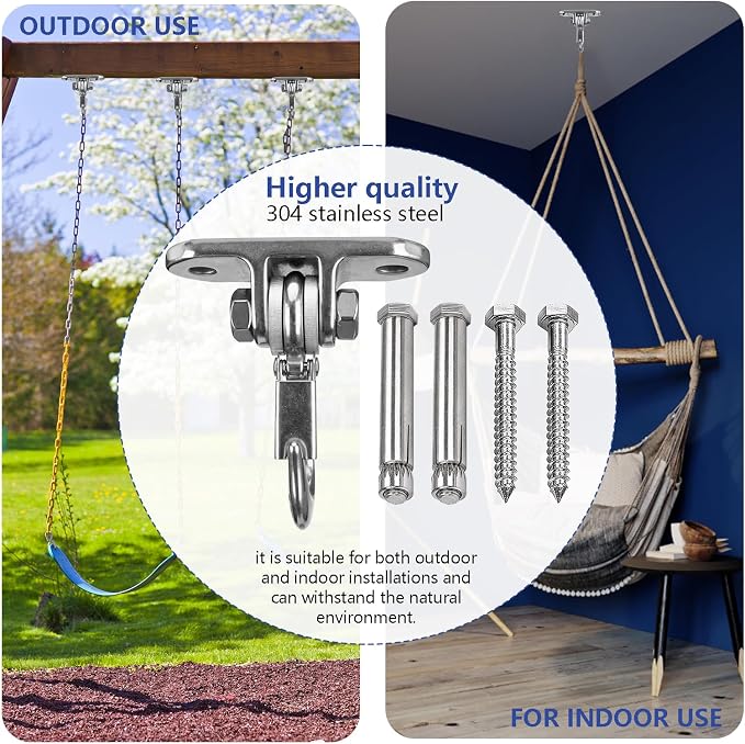 Heavy Duty Swing Hanger Stainless Steel 180° Smooth Operation Screws Bolts, Playground Porch Swing Set Trapeze Wooden Sets Indoor Outdoor