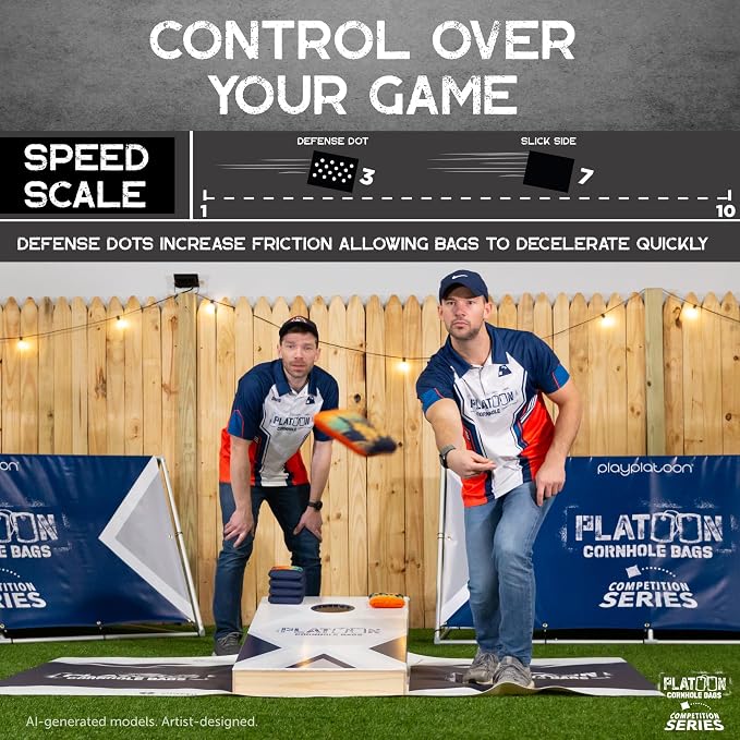 Play Platoon Competition Series Cornhole Bags Set of 8 Regulation Professional Weight Double Sided Slick and Stick with Rubber Sticky Dot Slow Side for Pro Corn Hole Bean Bag Toss Game-Designed in USA