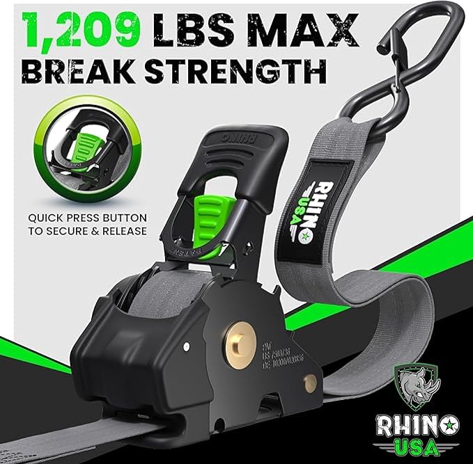 Rhino USA Retractable Ratchet Straps (2-Pack) - 1 Inch x 10 Feet (1,209lb Break Strength) - Auto Self Retracting Tie Down Straps for Truck, Cargo Trailer, Motorcycle, ATV, UTV - Gray