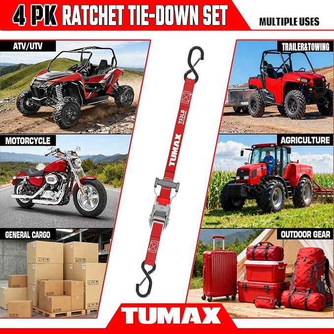 4Pcs Ratchet Tie Down Straps for 2200lb Break Strength, 1” x 15FT Tie Down Straps with Soft Loop & Safety S Hook - Cargo Strap Tie Down for Trucks, Motorcycle, Moving, Appliances, Red