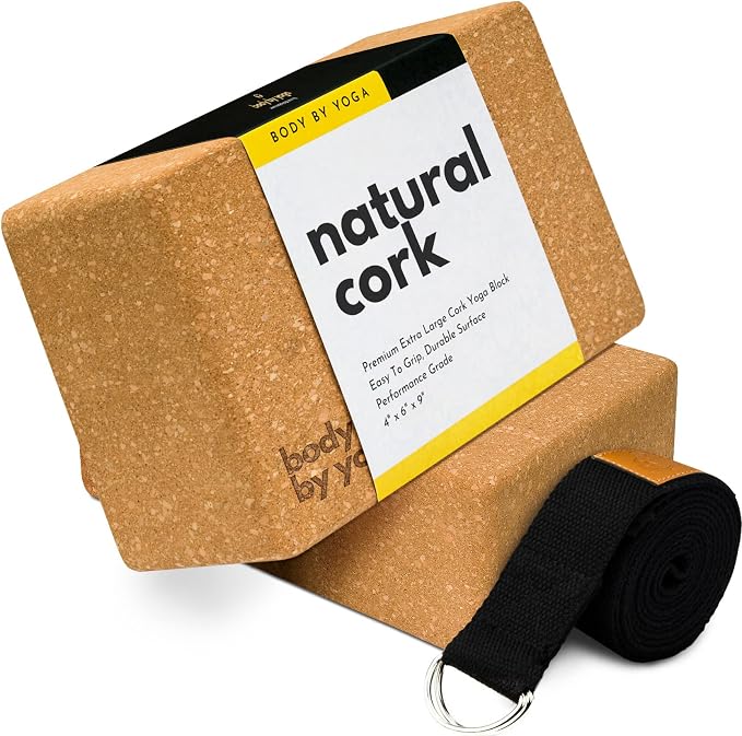 Cork Yoga Blocks 2 Pack – High Density Non Slip with Select Cork Grain for Chip-Resistant Durability | Extra Thick 4” for Support & Stability | Natural, Smooth, and Crumble Free | Body By Yoga