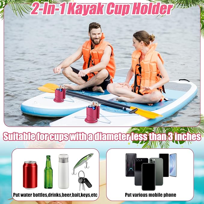 2 Pcs Paddleboard Cup Holder 2-in-1 Paddle Board and Kayak Drink and Phone Holder Paddle Board Accessories for Surfboards, Canoes, Sups, Kayaks, Boats (Rose Red)