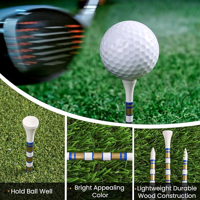 Golf Tees Wood 3 1/4 2 3/4 Inch Value 500/1000 Pack with Bright Colors & Consistent Height, High Visibility with Gold Stripes for Course Practice
