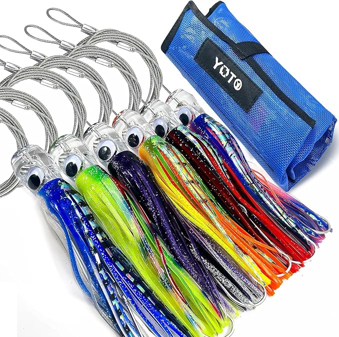 YOTO Trolling Lure Saltwater,6.5/9 inch 6 pcs Squid Skirted Deep Sea Fishing Lure kit,Tuna,Marlin,Wahoo,Shark,Mahi Trolling Fishing Lures