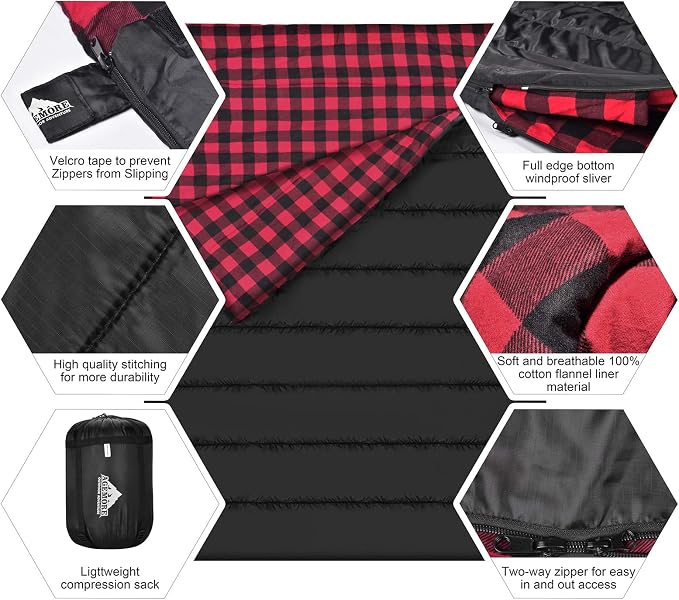 Cotton Flannel Double Sleeping Bag for Camping, Backpacking Or Hiking. Queen Size 2 Person Waterproof Sleeping Bag for Adults Or Teens. Lightweight with Compression Sack