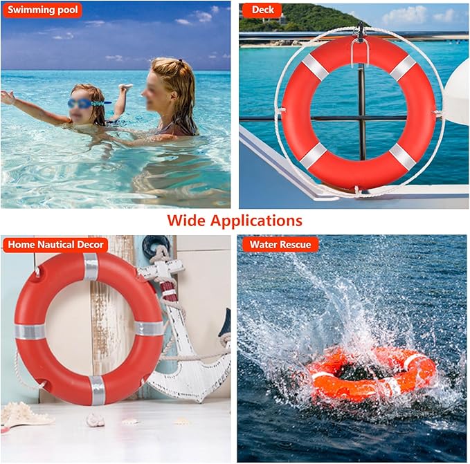 Life Ring, 23"/28" Boat Safety Throw Rings, Life Preserver Ring with Bracket and 98.5 FT Floating Rescue Rope, Outdoor Professional Throwable Flotation Device