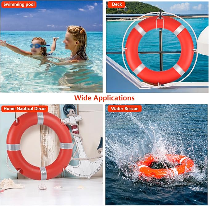 Life Ring, 23"/28" Boat Safety Throw Rings, Life Preserver Ring with Bracket and 98.5 FT Floating Rescue Rope, Outdoor Professional Throwable Flotation Device