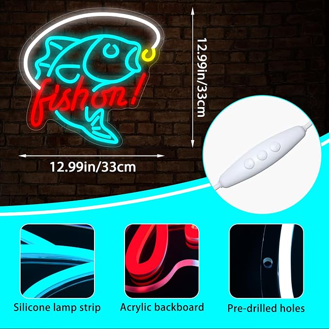 Fishing Neon Sign for Wall Decor Fishing Led Neon Light for Man Cave | Dimmable Neon,Fisherman Birthday Fishing Gifts,Led 5V USB Powered,Fishbowl,Fish Room Decor,Business Shop Wall Art,12.9*12.9in