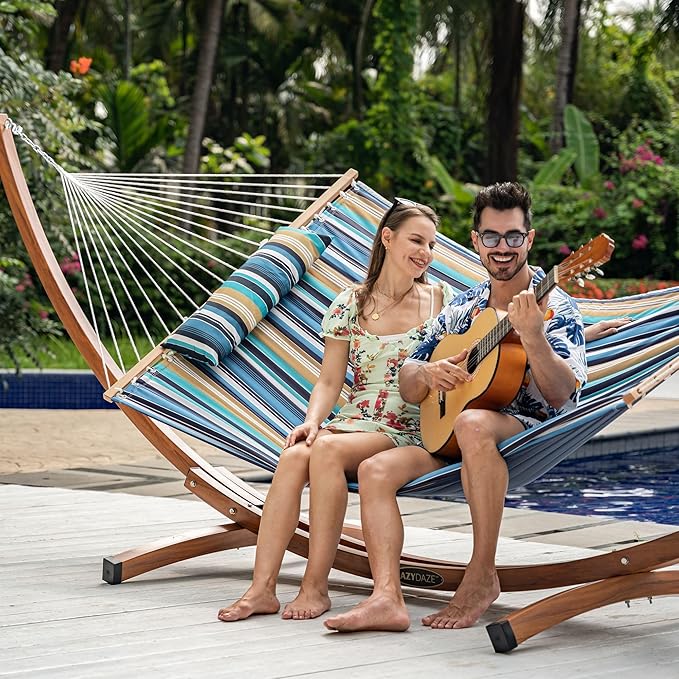 Lazy Daze Hammocks 12 FT Quilted Fabric Double Hammock with Spreader Bars and Detachable Pillow, 450lbs Weight Capacity