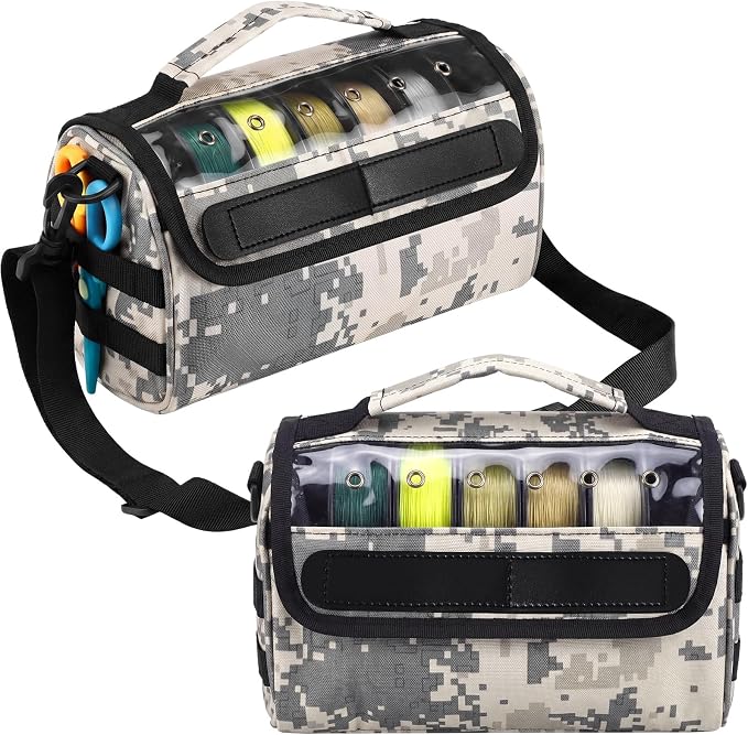 2 Pcs Fishing Line Management Bag Waterproof Nylon Fishing Line Storage Bag Transparent Window Removable Divider Leader Lines Spool Organization, Camouflage Khaki