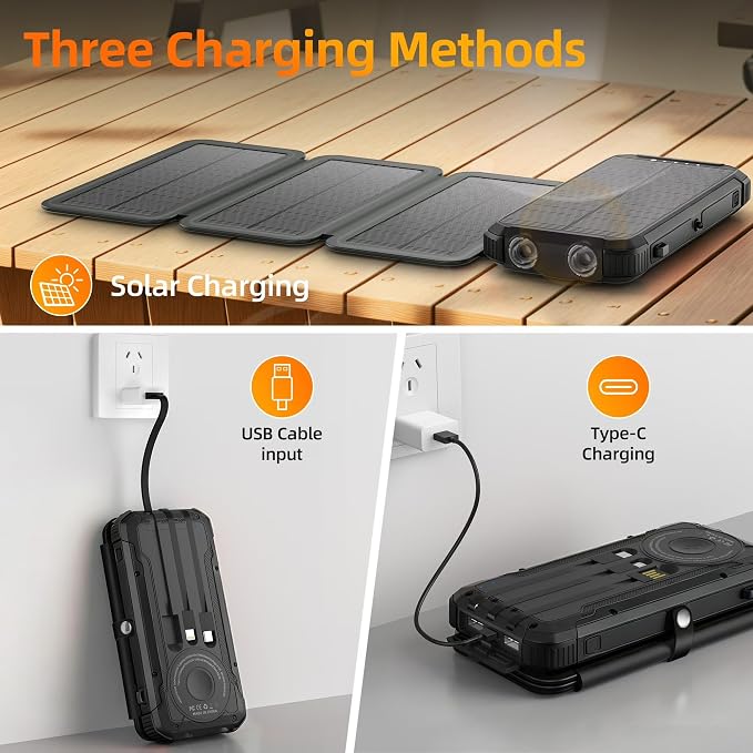 Power Bank 2 Pack, Portable Wireless Charger +Solar Battery Pack with 4 Built-in Cables & 4 Foldable Panels for Outdoor Camping