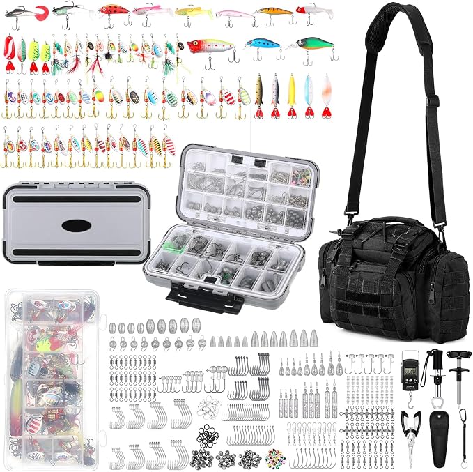 Sosation 464 Pcs Fishing Backpack with Tackle Boxes Lightweight Sling Bag for Fish Gear Equipment Accessories Fishing Gifts for Men Fish Lures Pliers Digital Scale Hook Removal Gripper(Black)