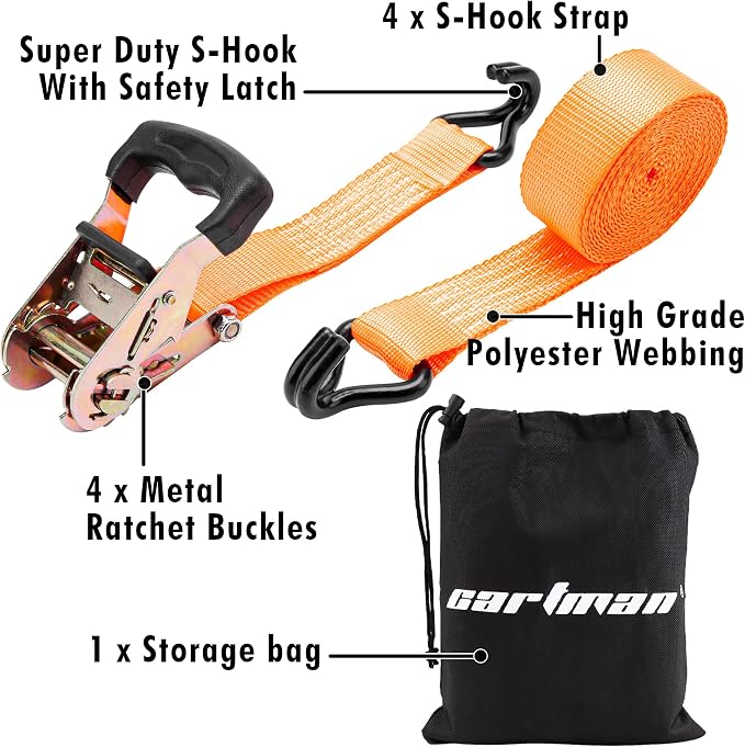 Cartman 1,5" x 15' Padded Ratchet Tie Down 3000Lbs Capacity (4pk) Orange