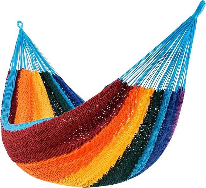 Lazy Daze Hammocks Handwoven XL Mayan Hammock, 10.5 FT Soft Rope Double Hammocks, Portable Outdoor Hammock with Carry Bag, 2 Straps & Carabiners for Patio Outside, 550 lbs Weight Capacity, Rainbow
