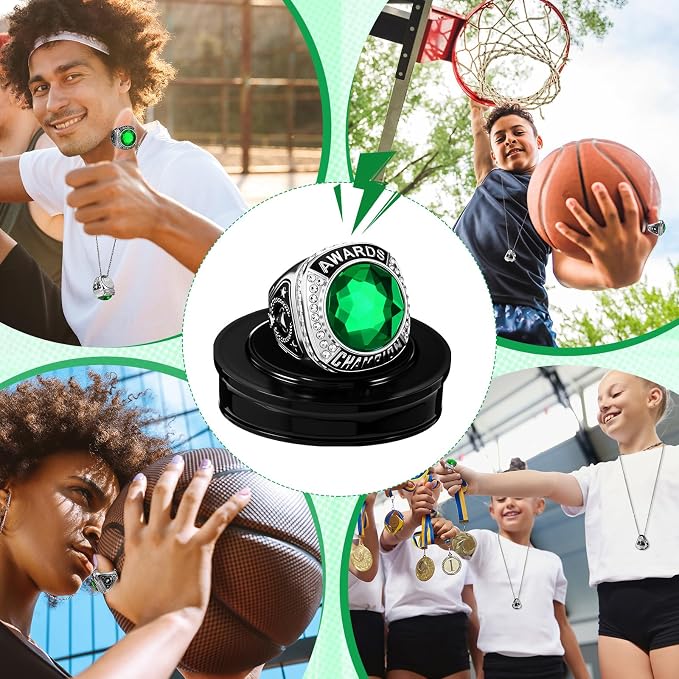 Landical 10 Pcs Championship Trophy Rings Bulk MVP Winner Youth Award Gift with Neck Chains and Display Stand for Basketball Baseball Football Volleyball Softball