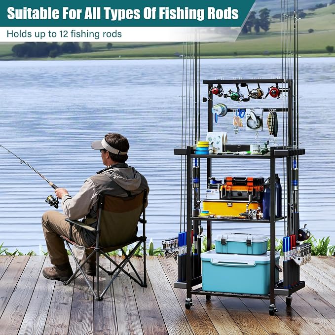 TC-HOMENY 3-Tier Fishing Rod Holder for Garage, Multifunctional Fishing Pole Rack Cart with Wheels Storage up to 12 Rods, Fishing Tackle Gear Organizer Storage rack for Room, Garage, Basement, Black