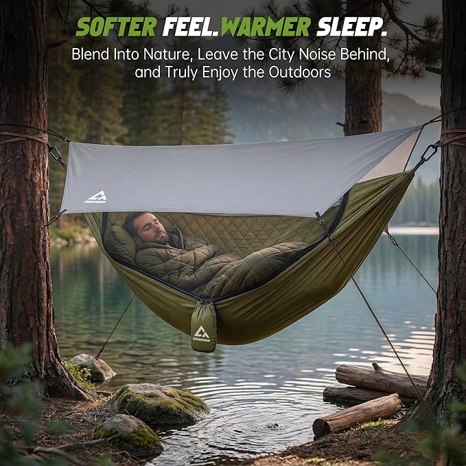 Camping Hammock with Mosquito Net with Underquilt & Rain Fly Tarp - Built-in Quilt for Lightweight Soft Warm 4 Seasons, 2 Person Portable Backpacking Hammock Set for Hiking, Travel, Backyard