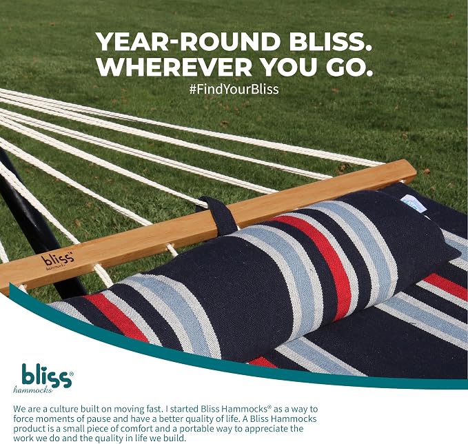 Bliss Hammocks BH-404C 48in Wide Caribbean Hammock w/Pillow, Outdoor Poolside Patio Backyard Hammock, Includes Velcro Straps & Chains, Eco Friendly Polyester & Cotton Blend, 265lb Capacity, Patriot