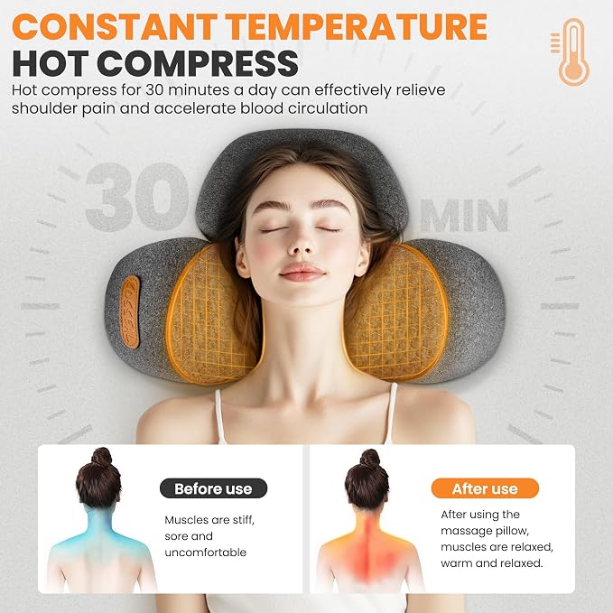 3-in-1 Neck Massage Pillow—with Heat, Massage, and Traction Stretching,Deep Tissue Massage Relieves Shoulder and Neck Muscle Pain and Stiffness,Suitable for Men and Women, Grey