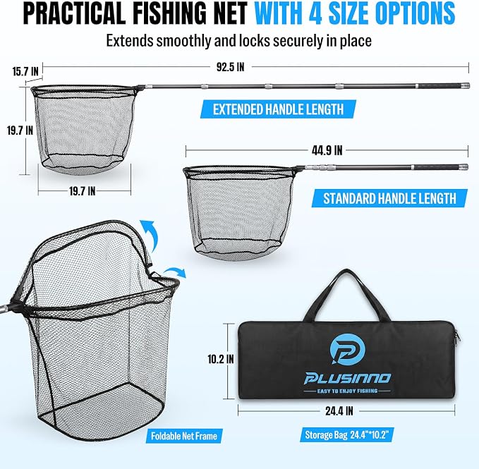 PLUSINNO Large Fishing Net, 3.4-7.7 FT Carbon Fiber Fish Net with Long Telescoping Handle, Kayak Fishing Gear Accessories Foldable Landing Net for Bass, Trout, Catfish, Fishing Gifts for Men Father