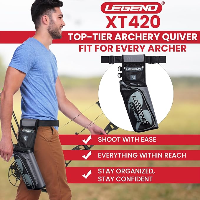 Legend XT420 Field Quiver - Left or Right-Handed Quiver Arrow Holder, Archery Quiver with 3 Arrow Tube, Durable Nylon Hip Quivers with Multiple Pockets for Archery Accessories, Score Card & Tools