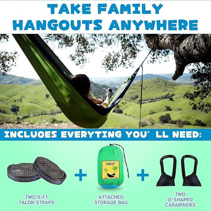 SZHLUX Kids Hammock - Kids Camping Gear, Camping Accessories with 2 Tree Straps and Carabiners for Indoor/Outdoor Use, Sapphire Blue & Grass Green
