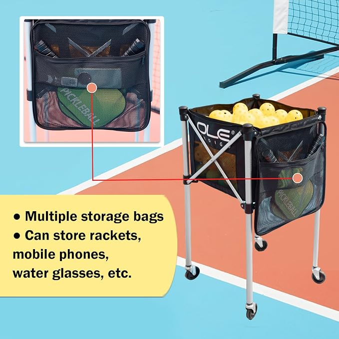 Pickleball Cart with Wheels, Foldable Tennis Ball Hopper Holds 180 Pickleballs or 210 Tennis Balls, Portable Ball Caddy with Side Storage Bag for Pickleball Training