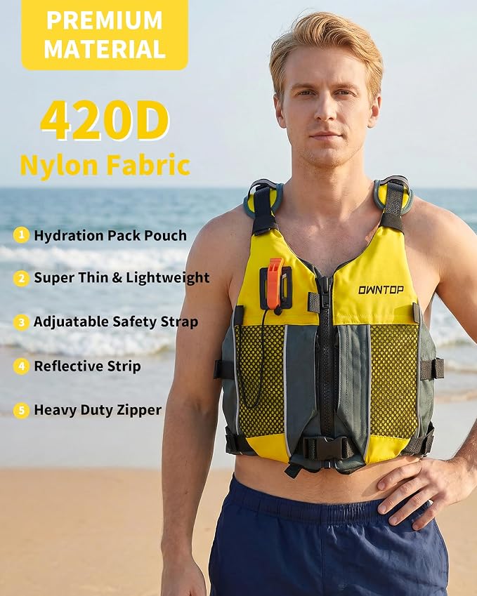 Owntop Swim Jacket Adult Youth | Hydration Pack | Dual Mesh Pockets | Attached Whistle | Ultra-Thin for Freer Movement | Kayak, Boating, Fishing, All Watersports