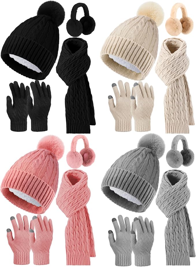 16 Pcs Women Hat Scarf Gloves Ear Muffs Set Winter Knitted Pom Beanie Hats Scarf Touch Screen Gloves for Men Adult Homeless